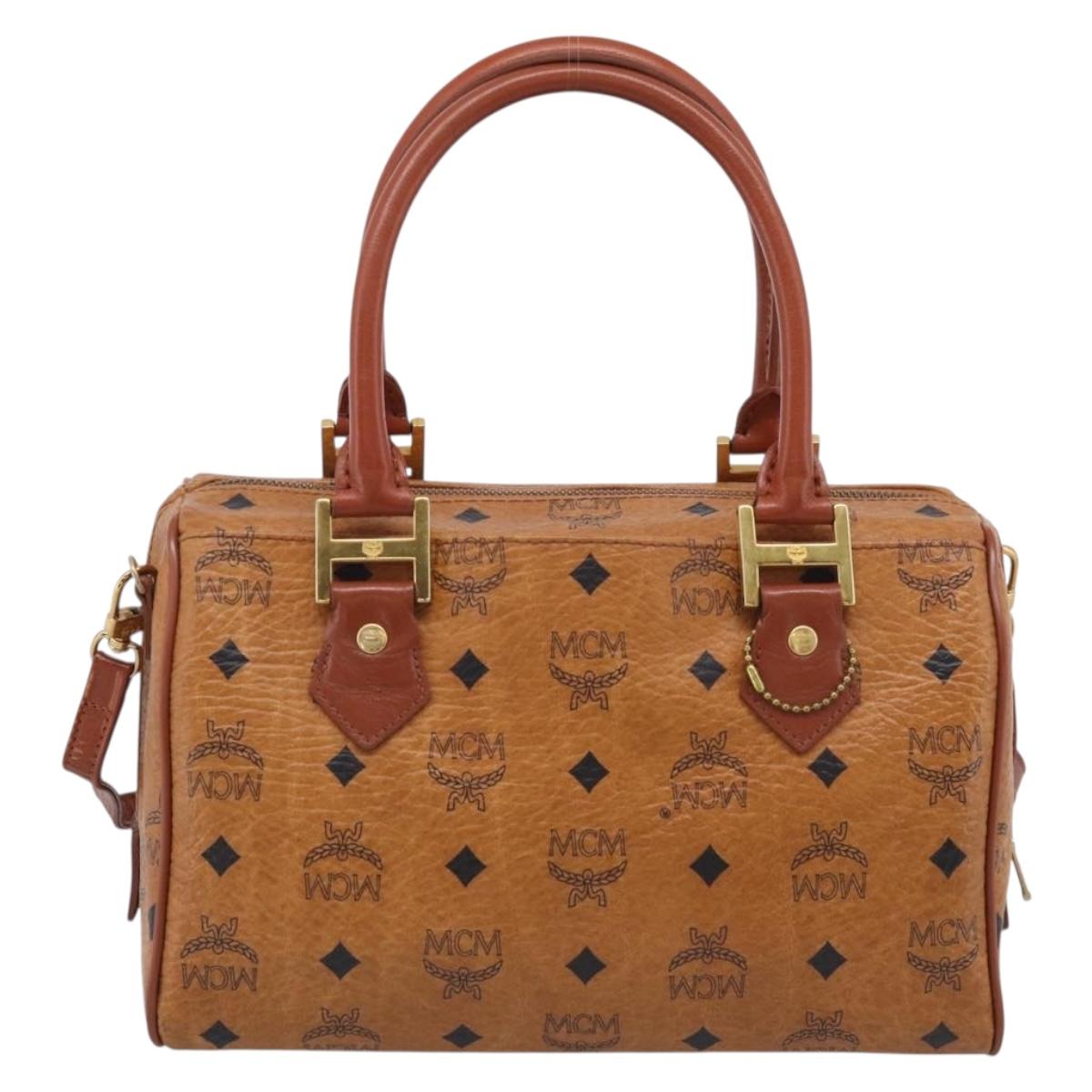 MCM Logogram Vicetos Mini Boston Bag PVC Leather 2way Brown Gold Auth RV028A