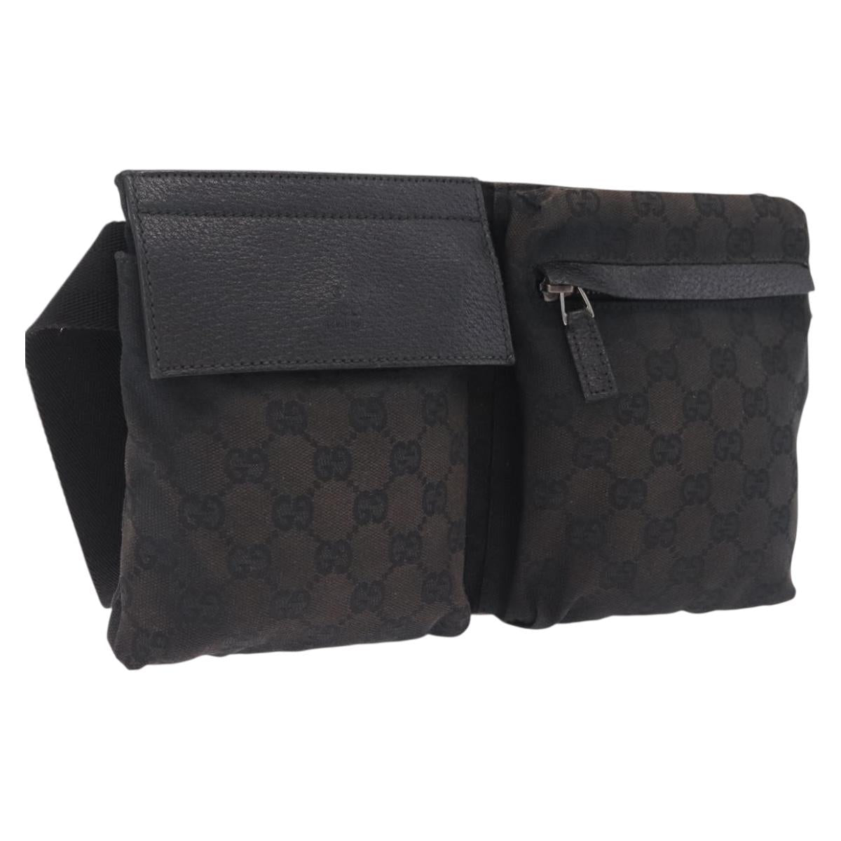 GUCCI GG Canvas Waist Bag Black Silver 28566 Auth RV029
