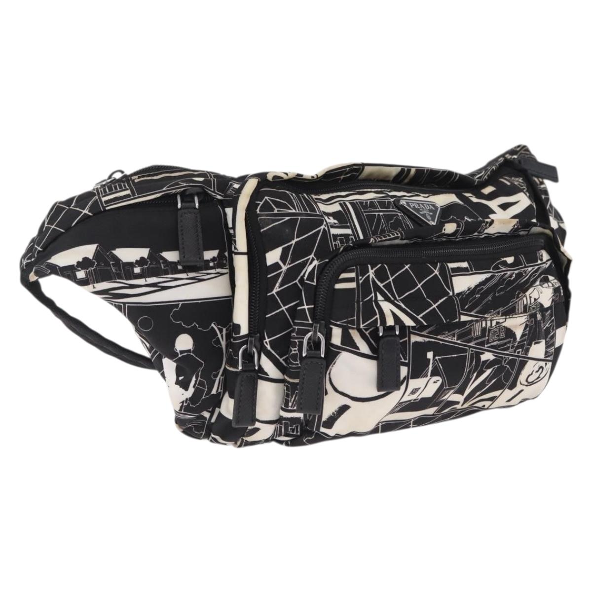PRADA Comic Illustration Body Bag Nylon Black White Auth RV037A