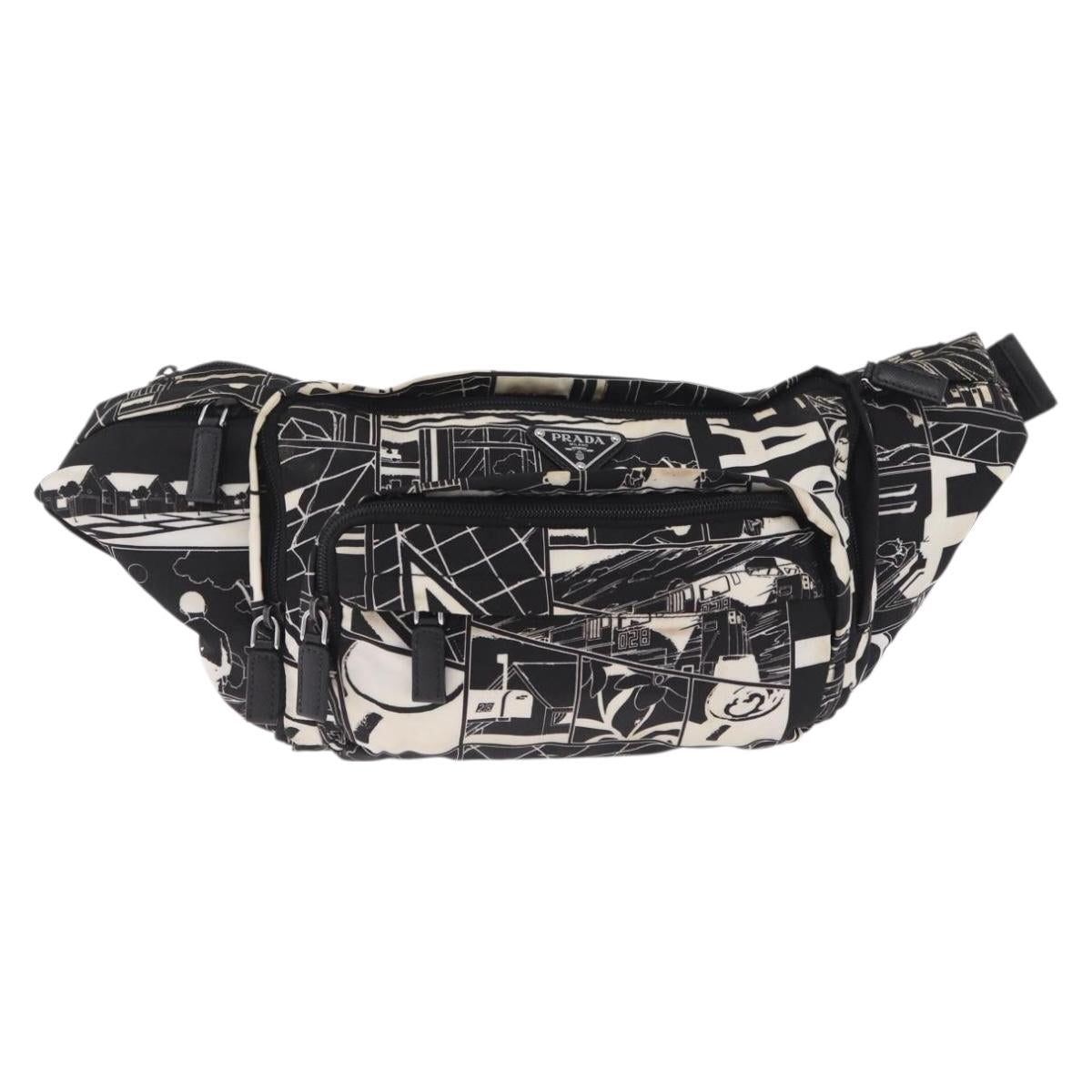 PRADA Comic Illustration Body Bag Nylon Black White Auth RV037A