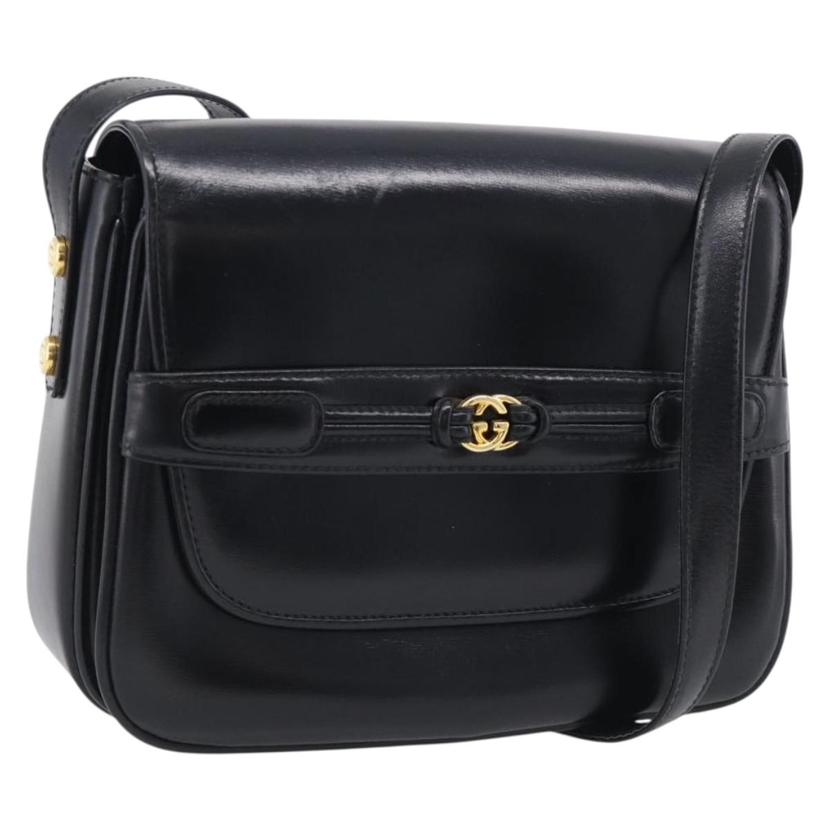 GUCCI Old Gucci Interlocking Shoulder Bag Leather Black Gold Auth RV041V