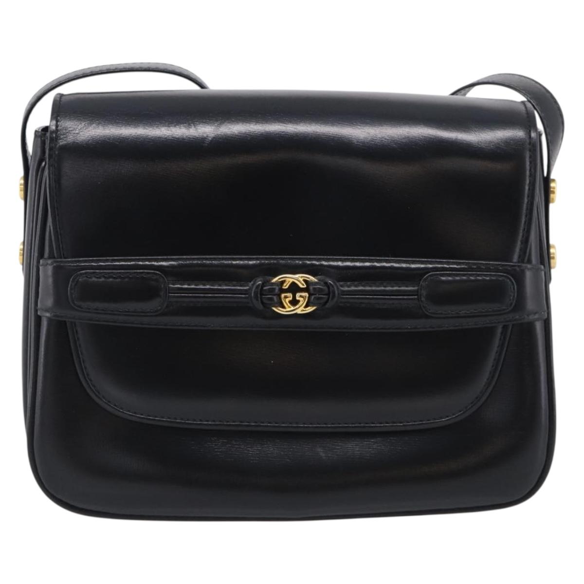 GUCCI Old Gucci Interlocking Shoulder Bag Leather Black Gold Auth RV041V