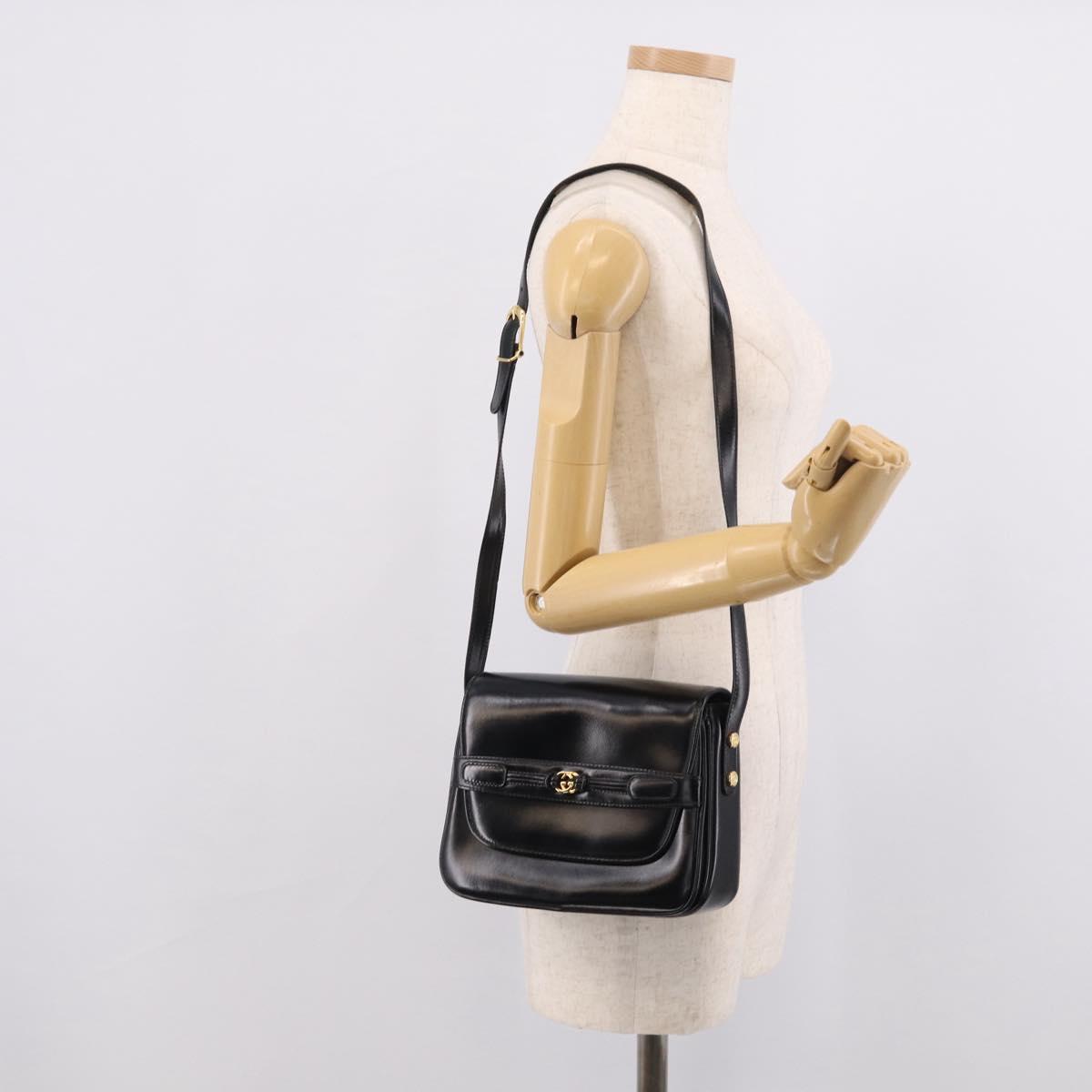 GUCCI Old Gucci Interlocking Shoulder Bag Leather Black Gold Auth RV041V