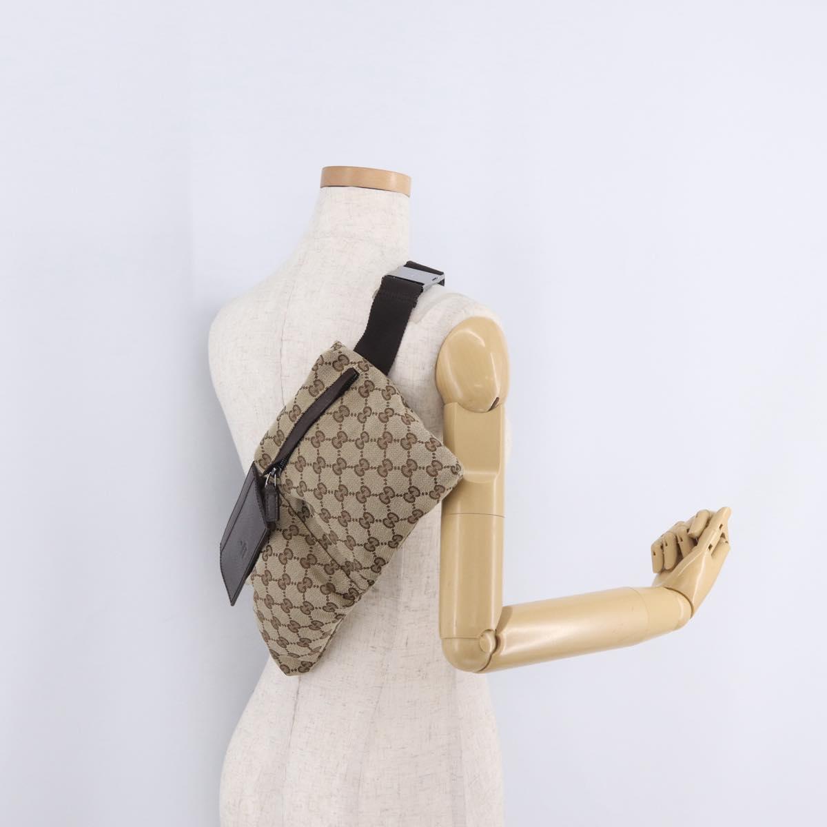 GUCCI GG Canvas Waist Bag Beige Silver 28566 Auth RV064A