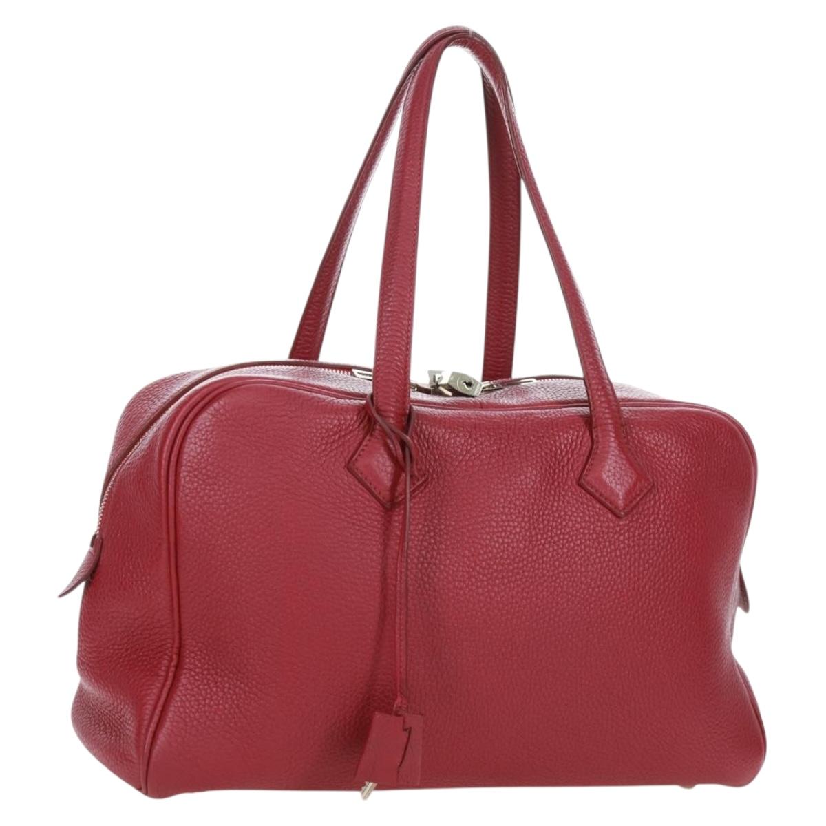HERMES Victoria 35 Tosca Hand Bag Taurillon Leather Red Silver Auth SK005SM