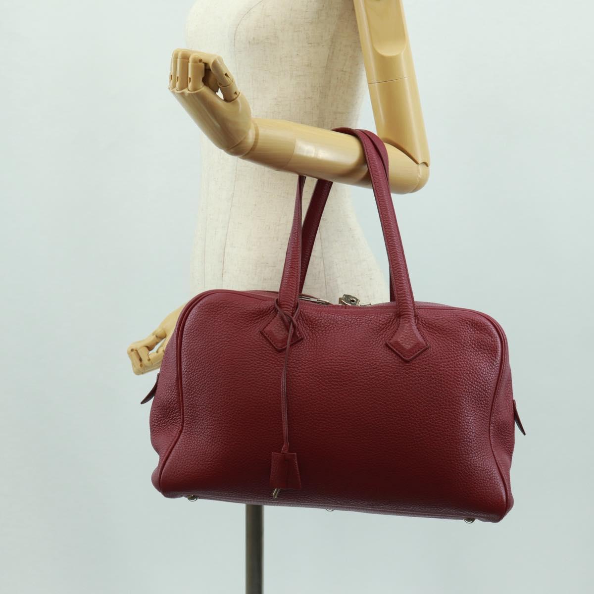 HERMES Victoria 35 Tosca Hand Bag Taurillon Leather Red Silver Auth SK005SM