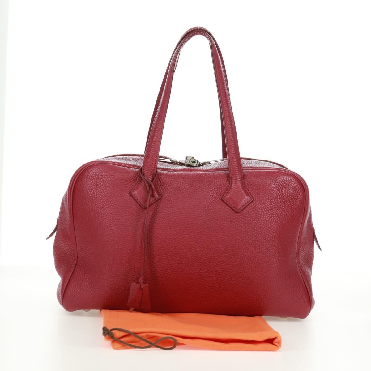 HERMES Victoria 35 Tosca Hand Bag Taurillon Leather Red Silver Auth SK005SM