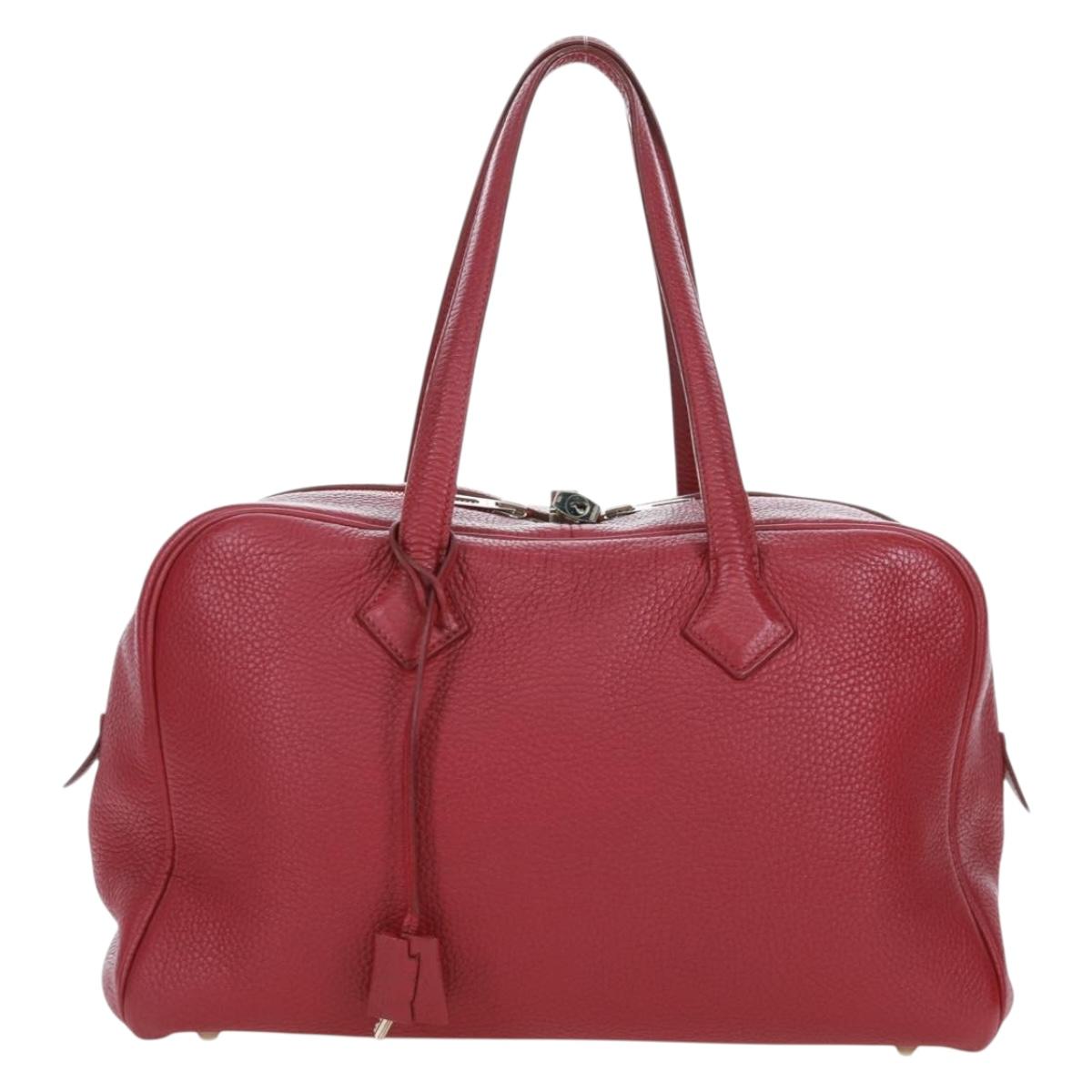 HERMES Victoria 35 Tosca Hand Bag Taurillon Leather Red Silver Auth SK005SM