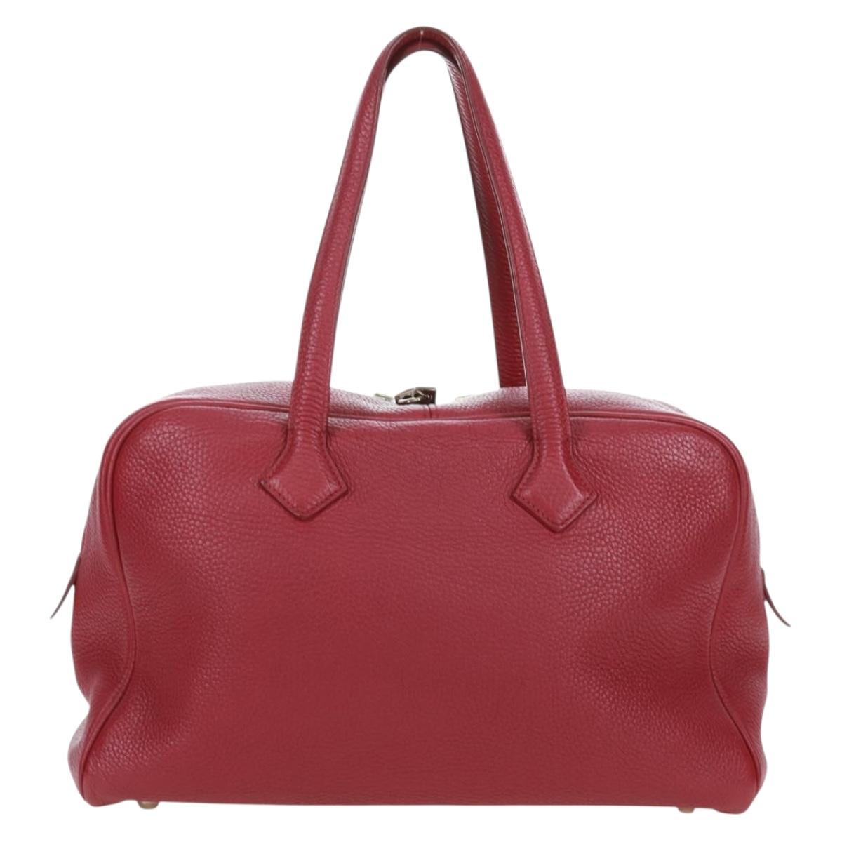 HERMES Victoria 35 Tosca Hand Bag Taurillon Leather Red Silver Auth SK005SM