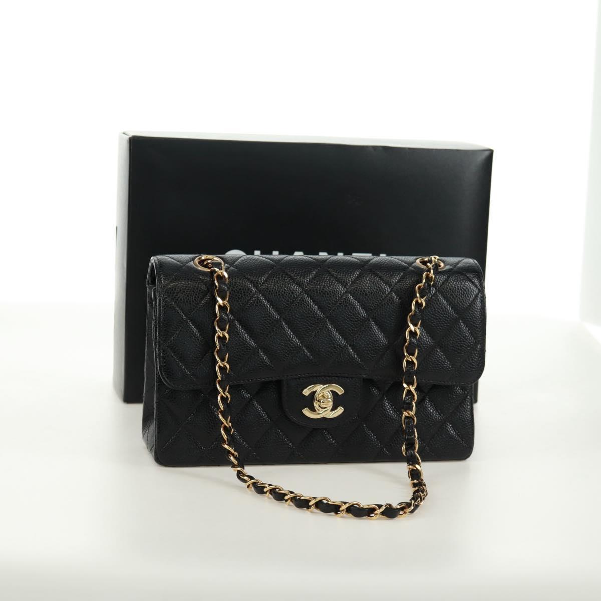 CHANEL Double Flap Double Chain Matelasse 23 Bag Caviar Skin CC Auth SK011SM
