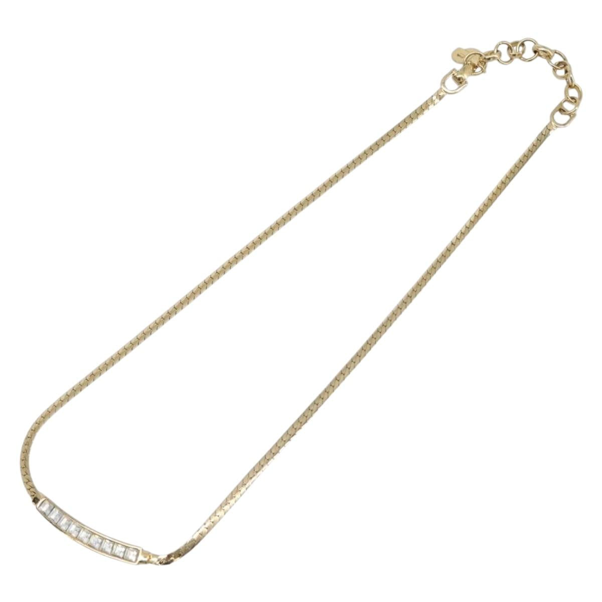 Christian Dior Rhinestone Necklace Metal Gold Tone Auth SK143
