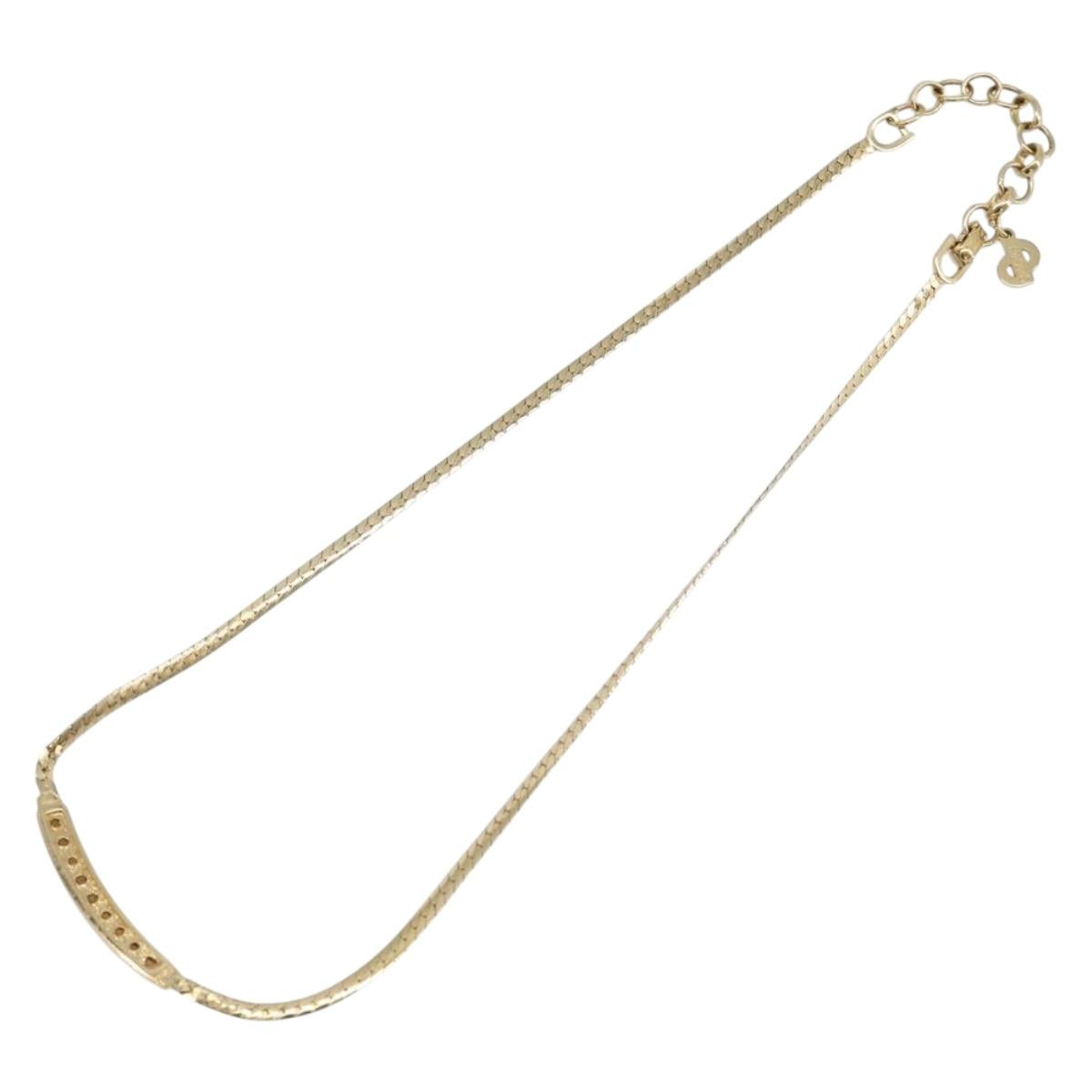 Christian Dior Rhinestone Necklace Metal Gold Tone Auth SK143