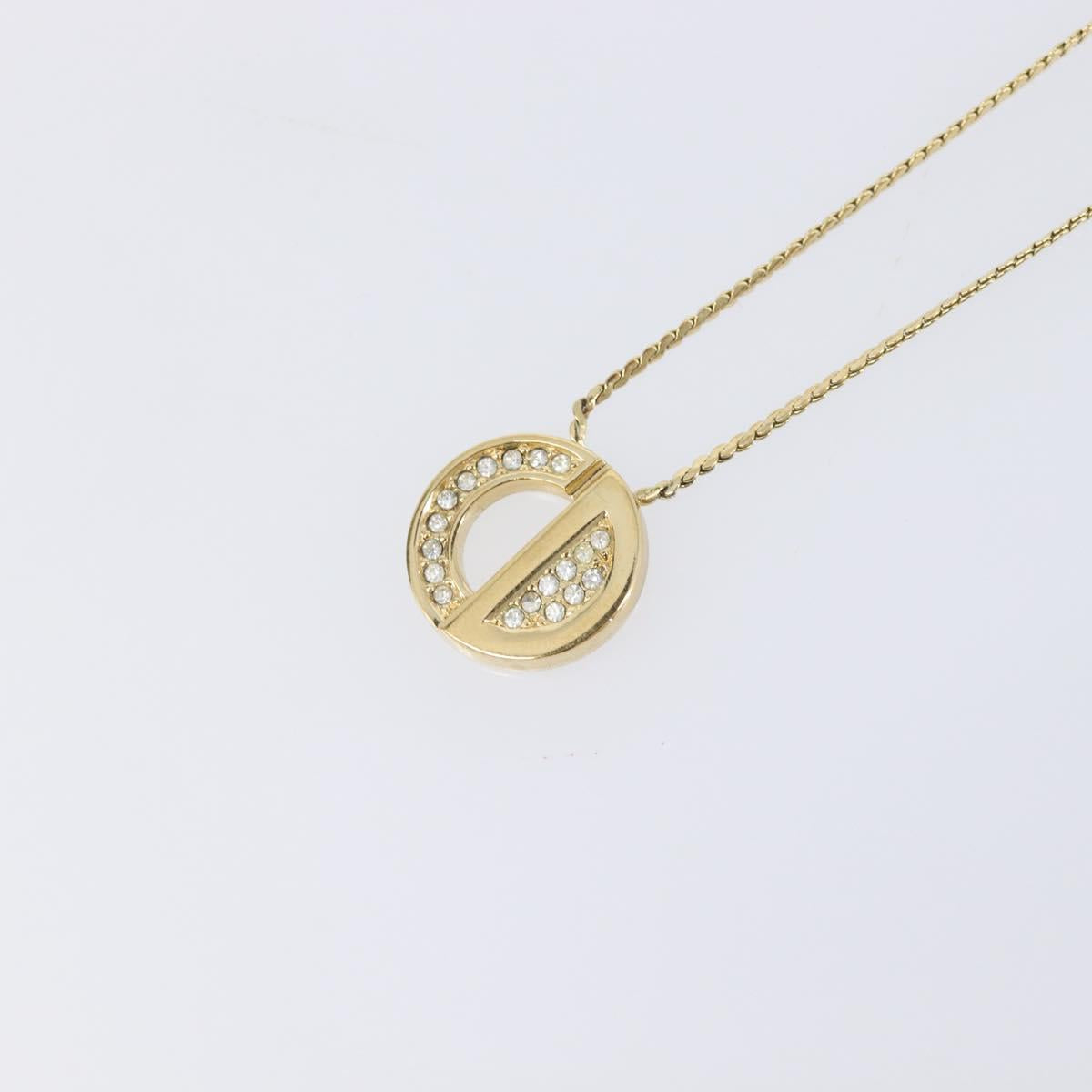Christian Dior Rhinestone Circle Necklace Metal Gold Tone Auth SK155