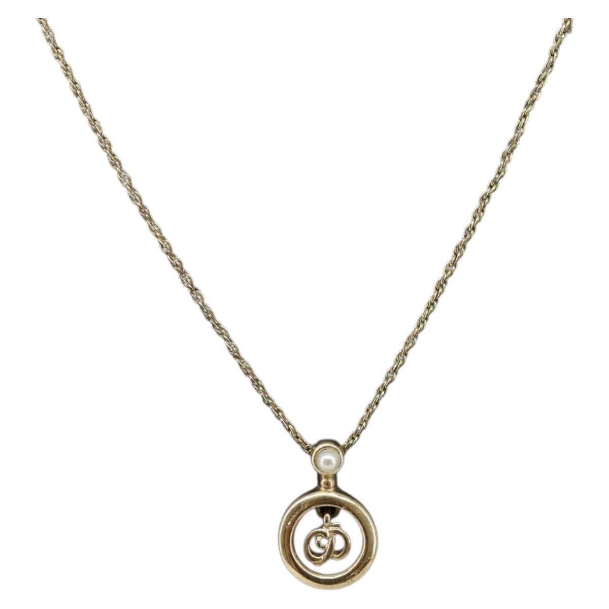 Christian Dior CD Logo Circle Necklace Metal Gold Tone Auth SK156
