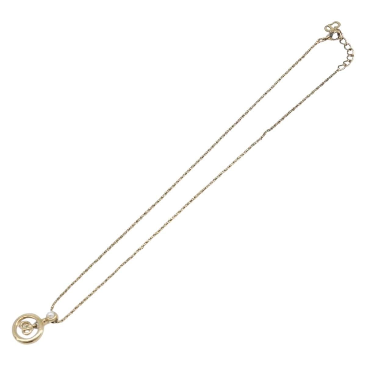 Christian Dior CD Logo Circle Necklace Metal Gold Tone Auth SK156