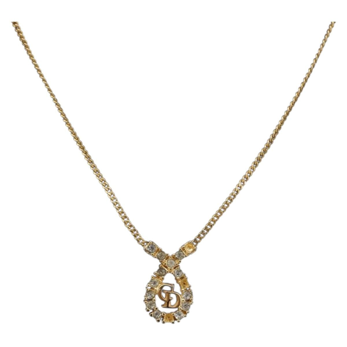 Christian Dior CD Logo Rhinestone Circle Necklace Metal Gold Tone Auth SK161