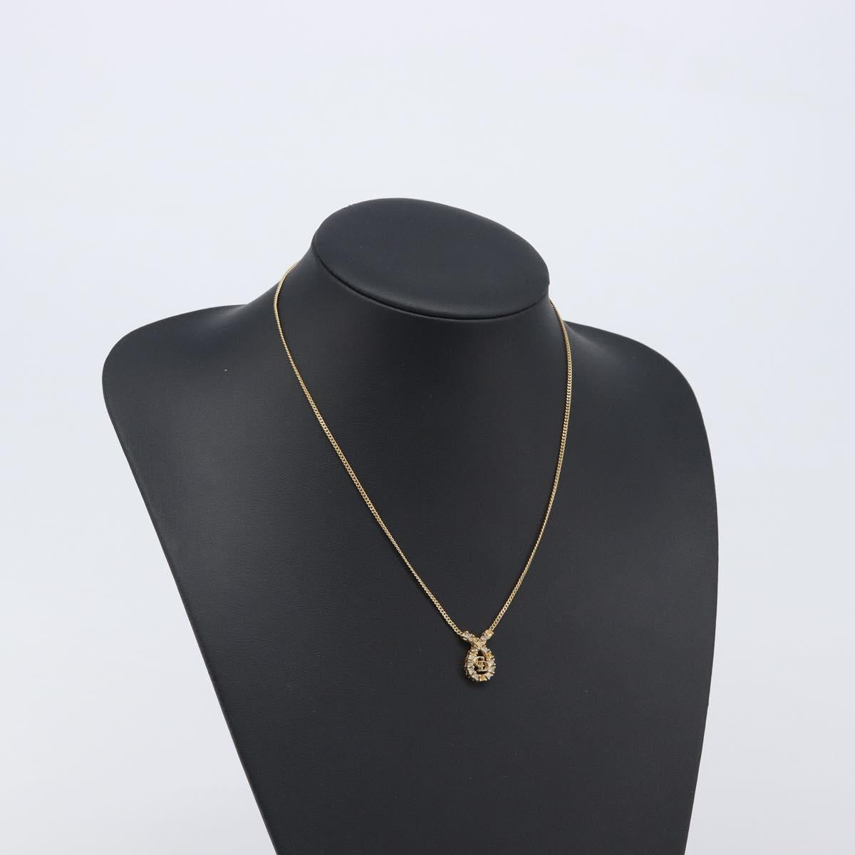 Christian Dior CD Logo Rhinestone Circle Necklace Metal Gold Tone Auth SK161