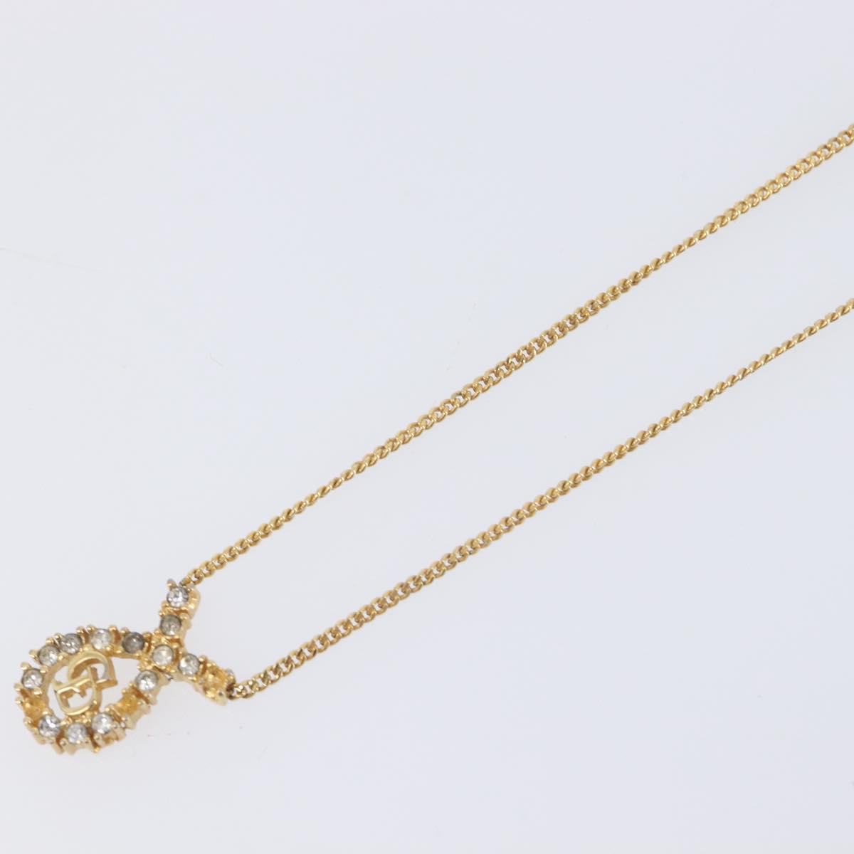Christian Dior CD Logo Rhinestone Circle Necklace Metal Gold Tone Auth SK161