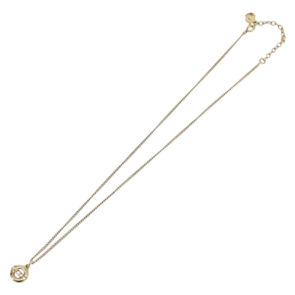 Christian Dior CD Logo Circle 2P Stone Necklace Metal Gold Tone Auth SK162