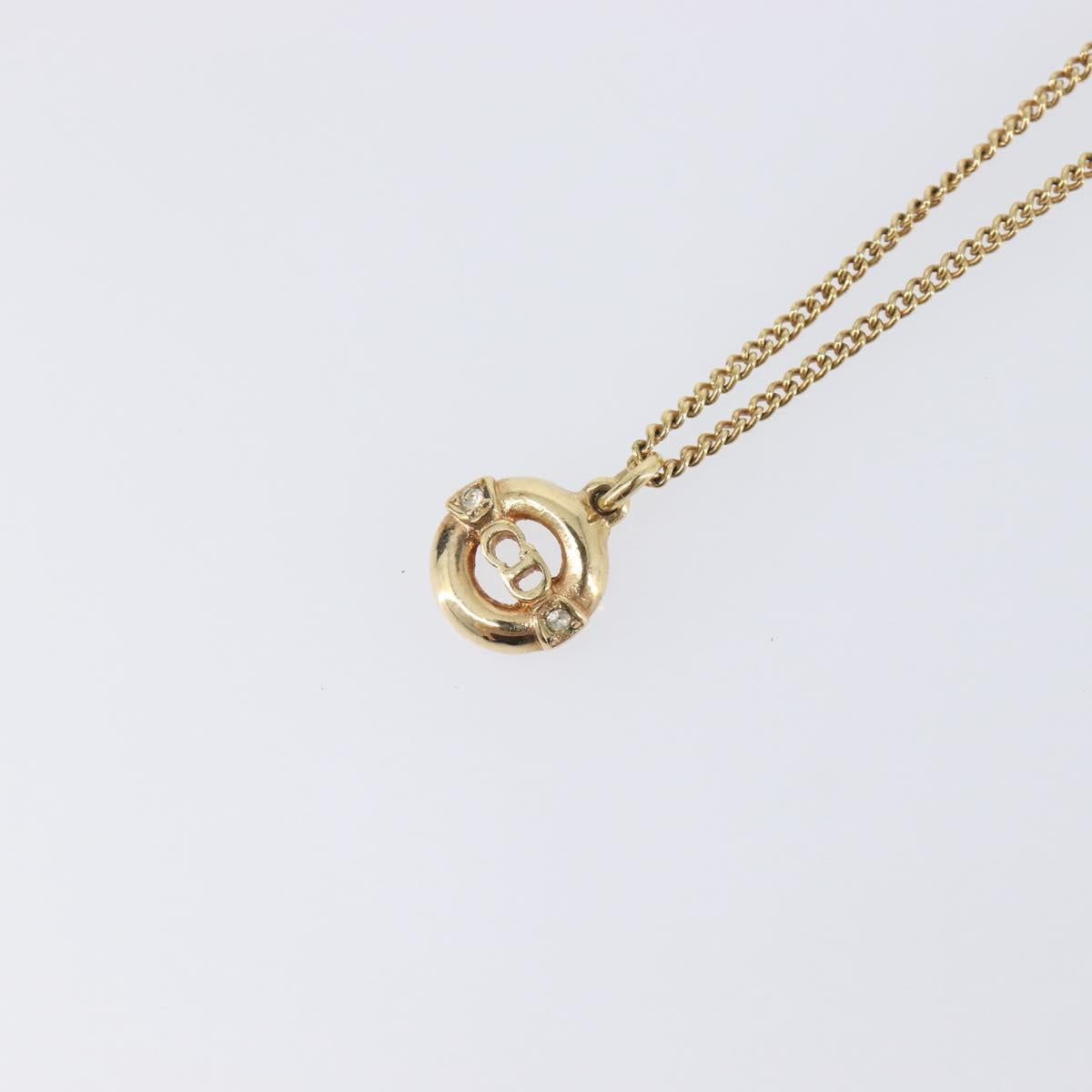 Christian Dior CD Logo Circle 2P Stone Necklace Metal Gold Tone Auth SK162