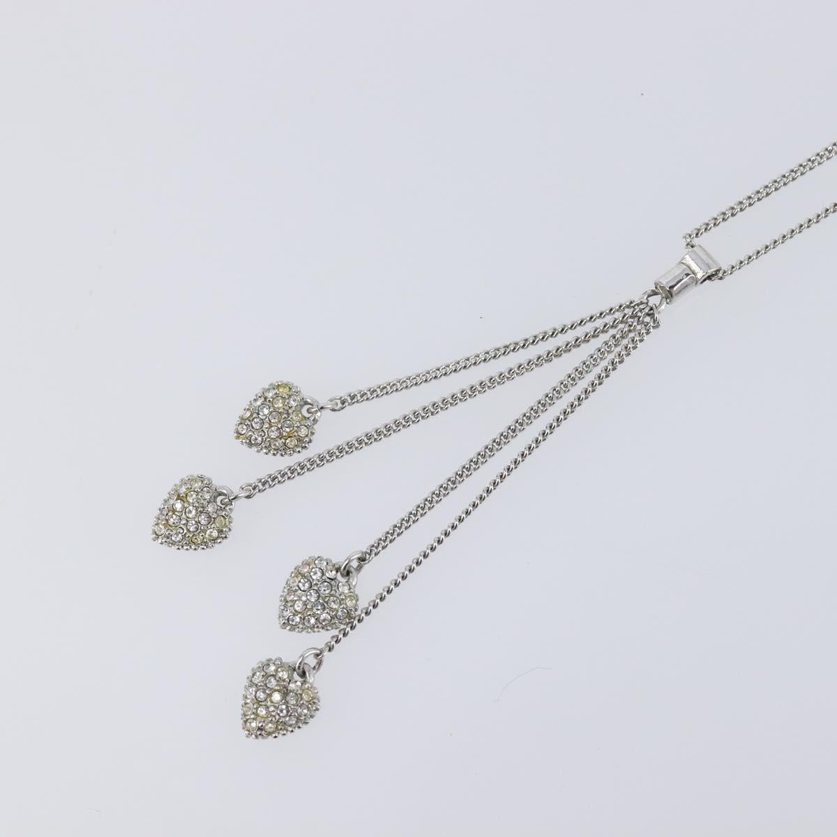 Christian Dior Rhinestone Heart Necklace Metal Silver Auth SK163