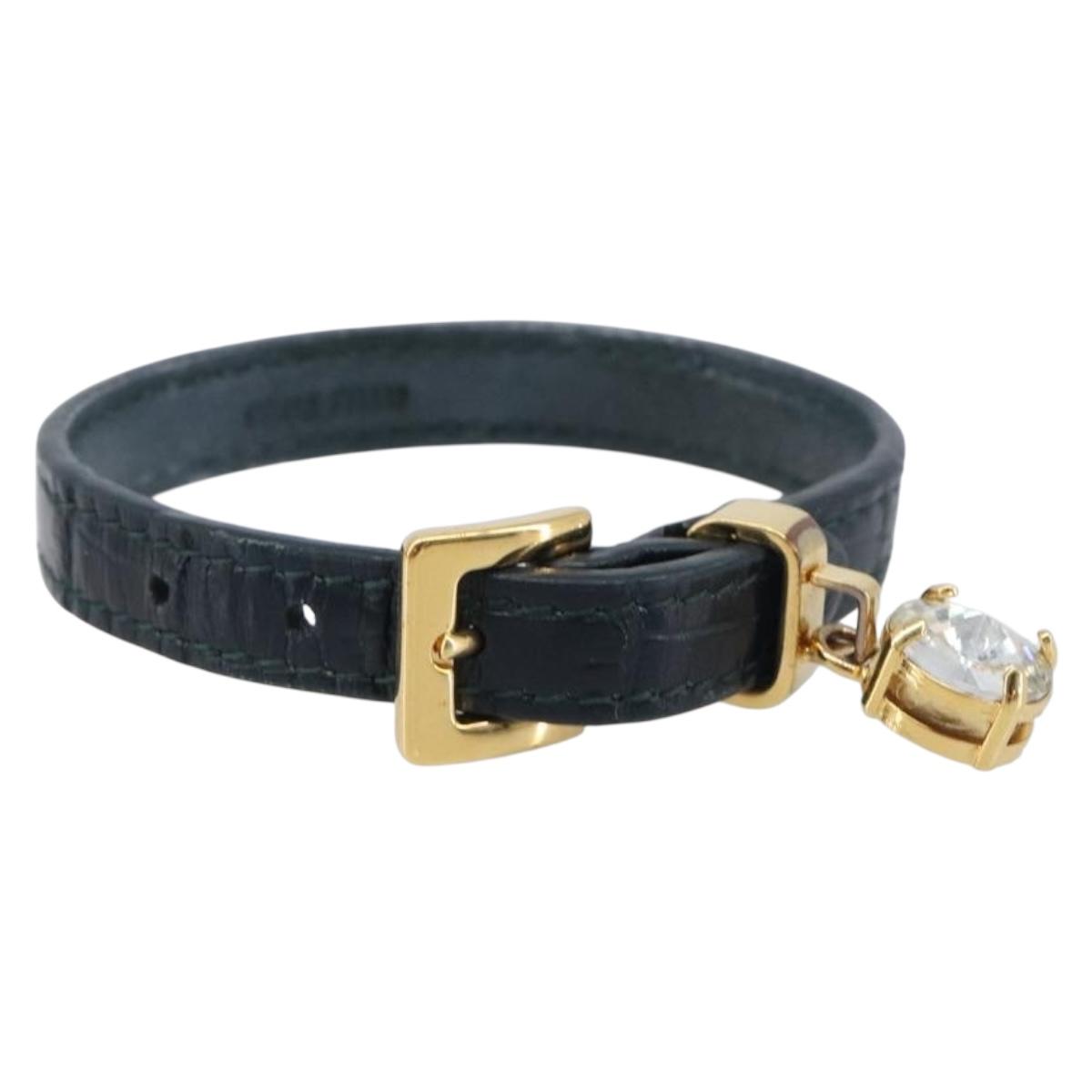 Miu Miu 1P Stone Bracelet Leather Metal Navy Gold Tone Auth SK174