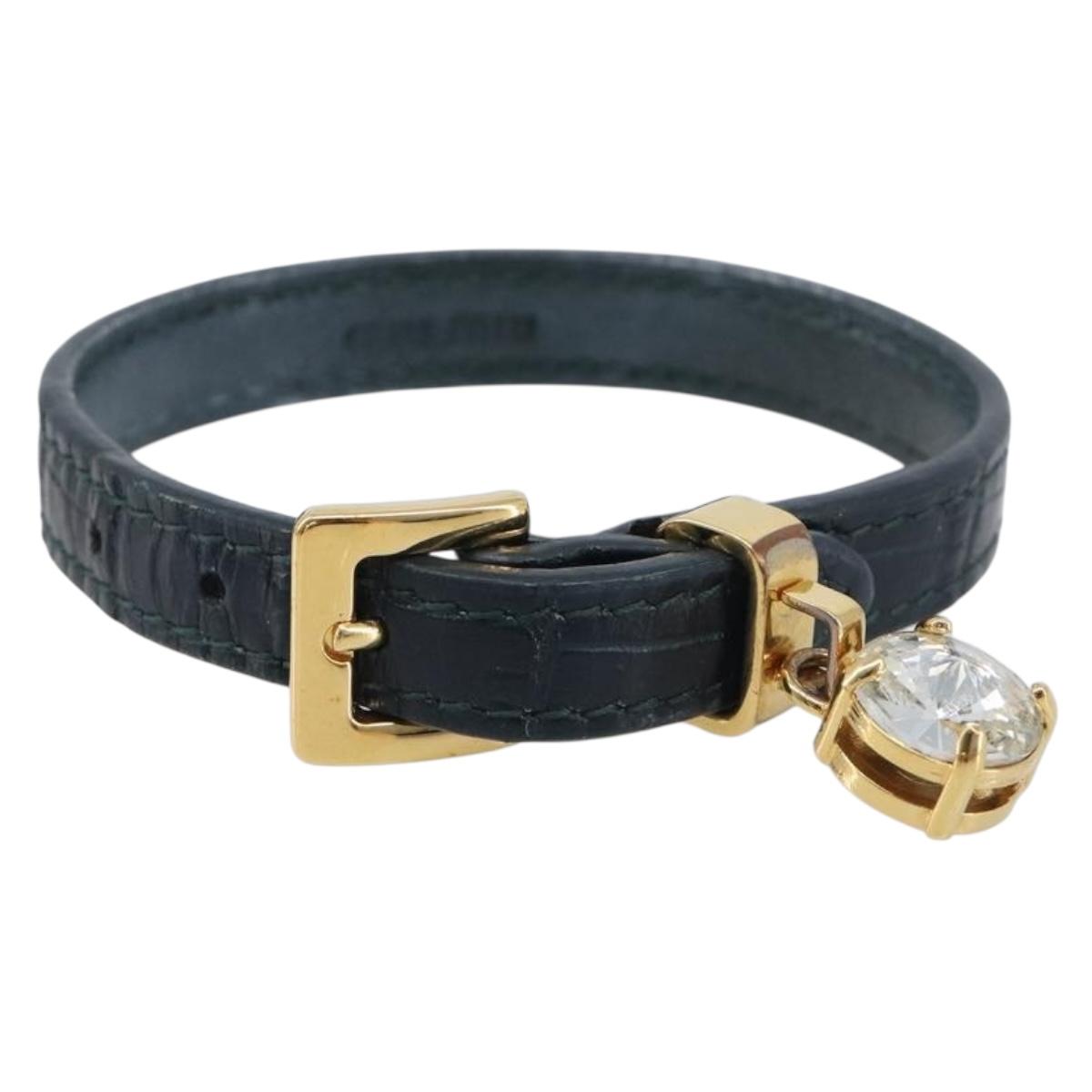 Miu Miu 1P Stone Bracelet Leather Metal Navy Gold Tone Auth SK174