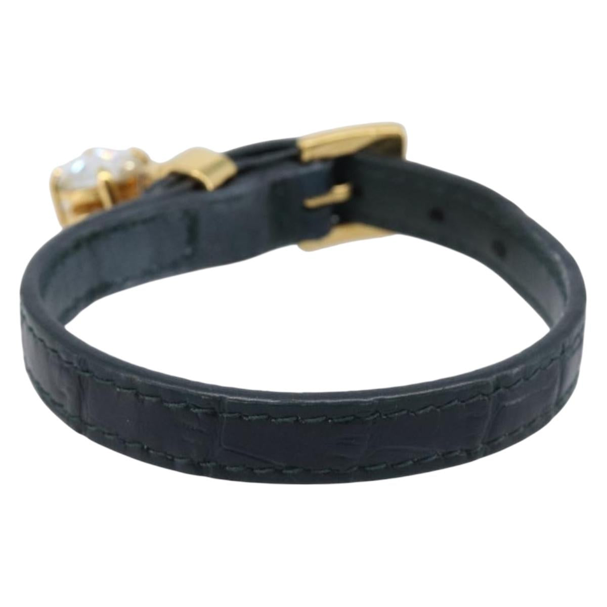 Miu Miu 1P Stone Bracelet Leather Metal Navy Gold Tone Auth SK174