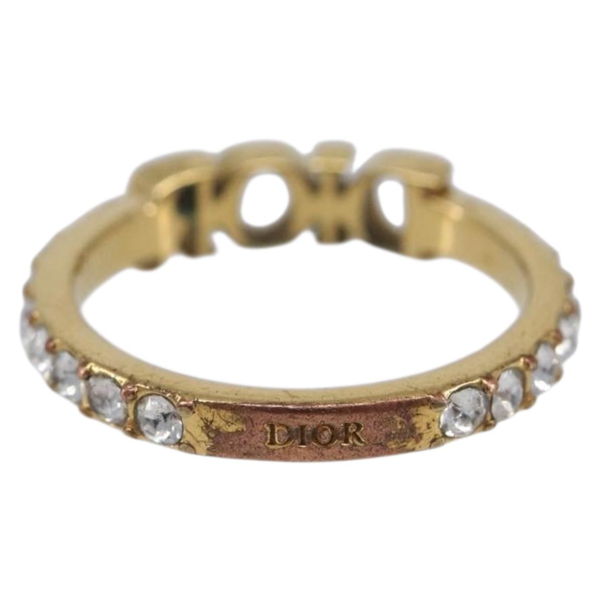 Christian Dior Logo rhinestone Ring Metal Gold Tone Auth SK180
