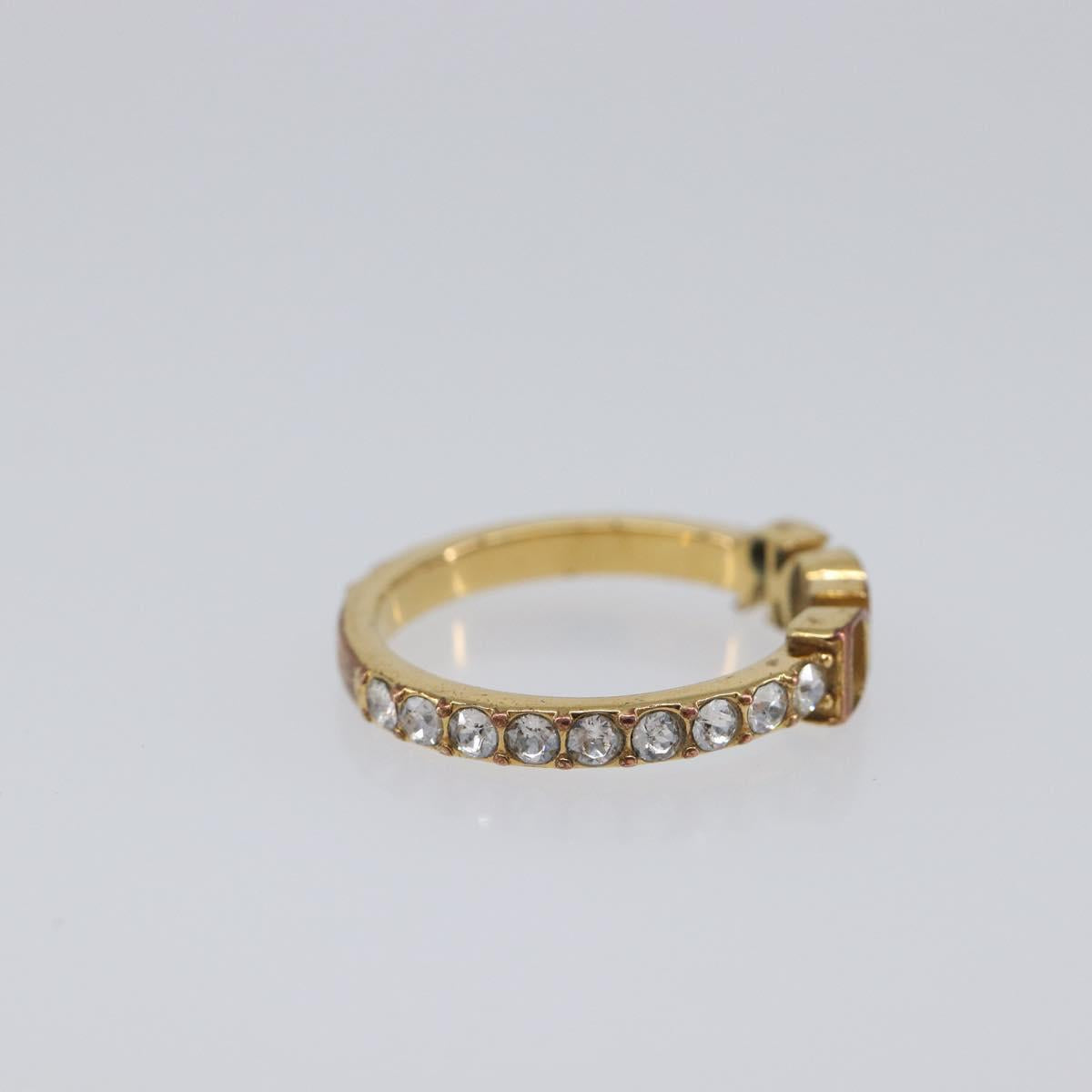 Christian Dior Logo rhinestone Ring Metal Gold Tone Auth SK180