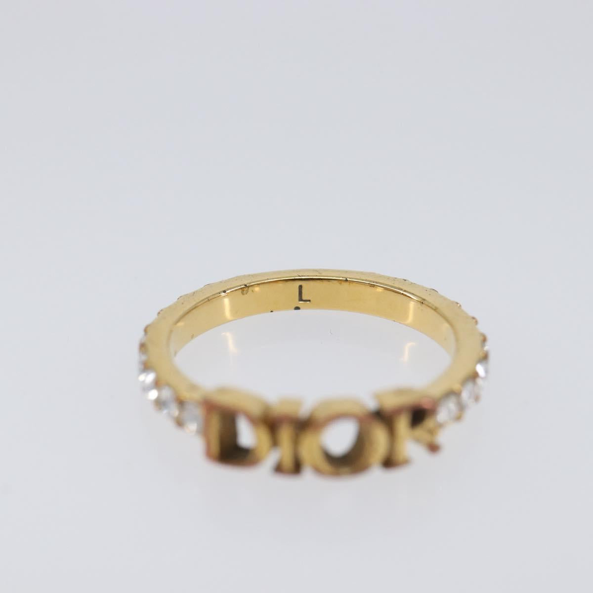 Christian Dior Logo rhinestone Ring Metal Gold Tone Auth SK180