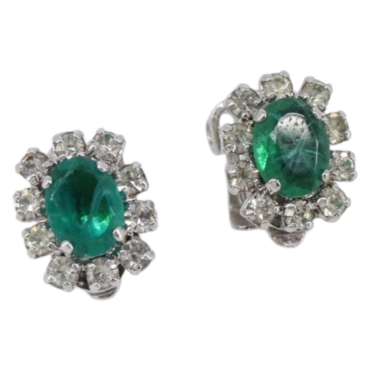 Christian Dior Rhinestone Earring Metal Silver Green Auth SK201