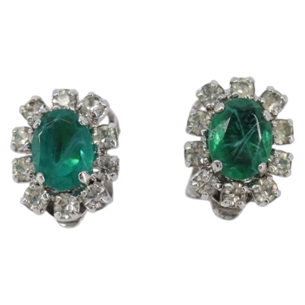 Christian Dior Rhinestone Earring Metal Silver Green Auth SK201