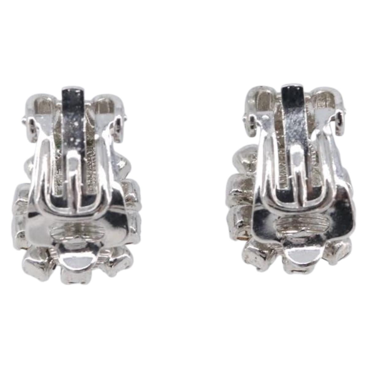 Christian Dior Rhinestone Earring Metal Silver Green Auth SK201