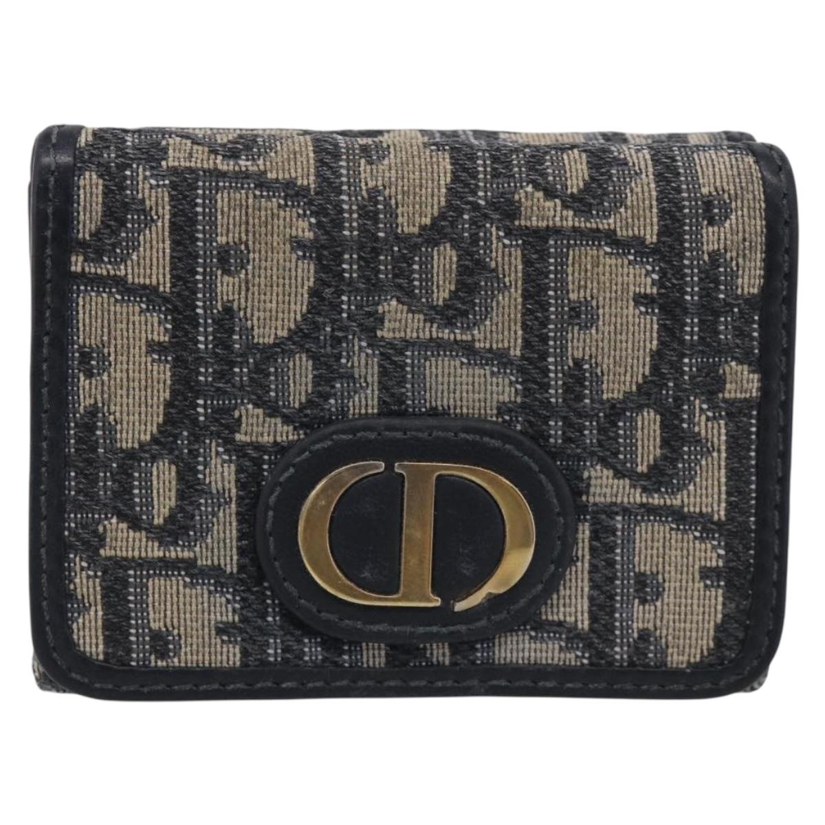 Christian Dior Trotter Canvas Trifold Wallet Navy Gold Auth SK269