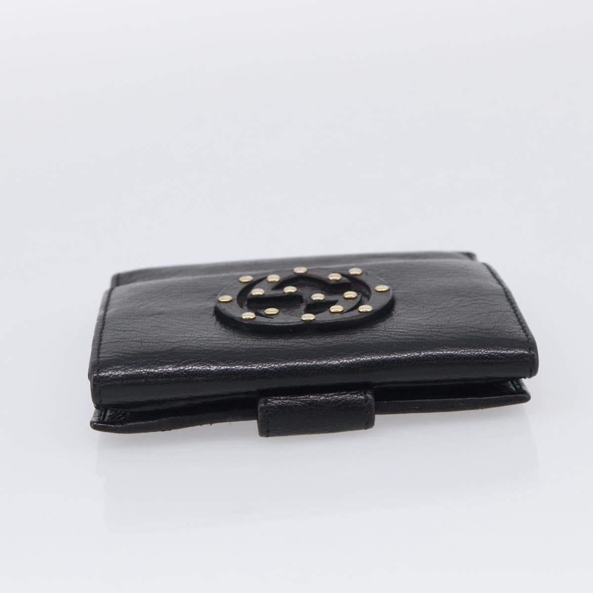 GUCCI Interlocking G Studs Bifold Wallet Leather Black Gold Auth SK274