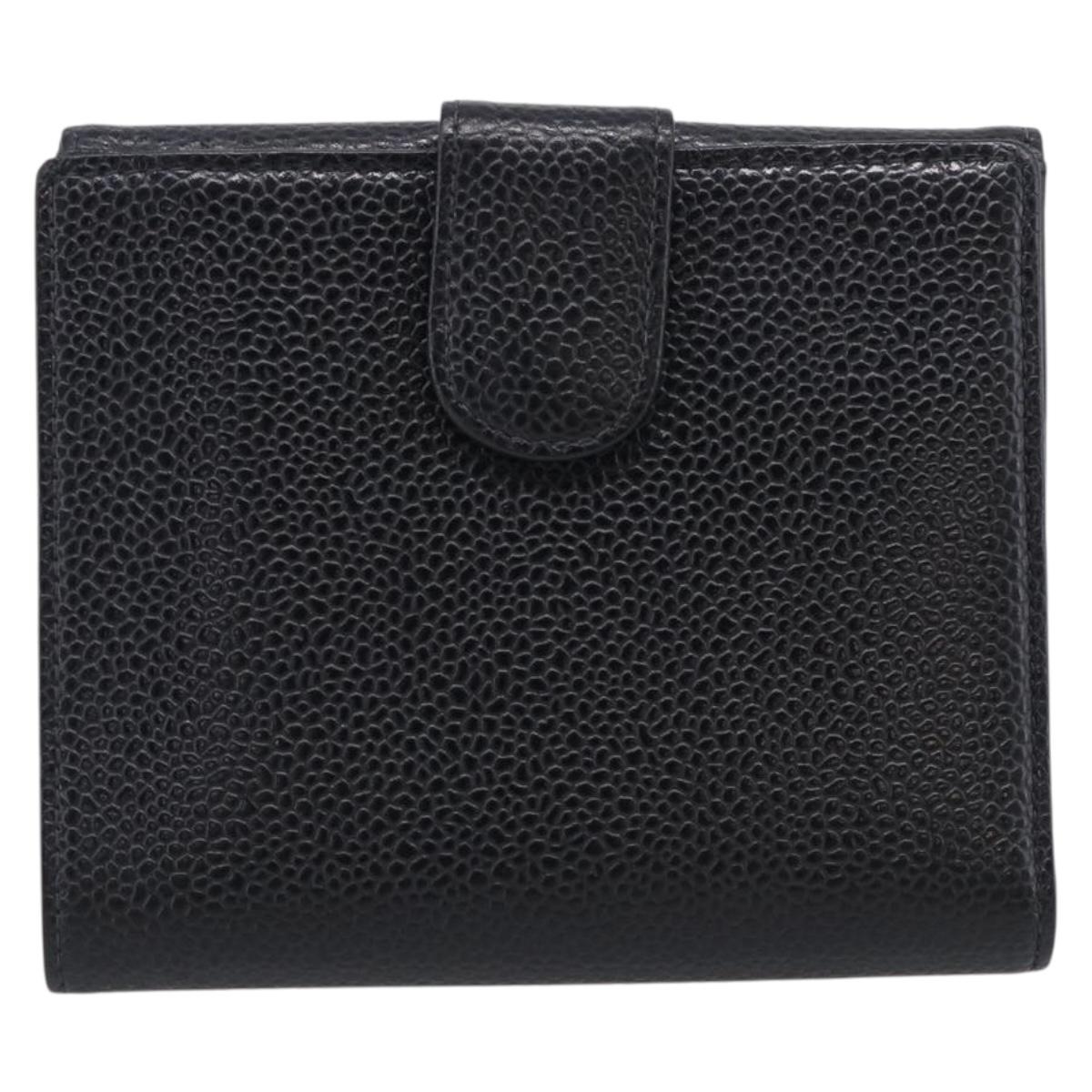 CHANEL Bifold Wallet Caviar Skin Black Gold CC Auth SK286