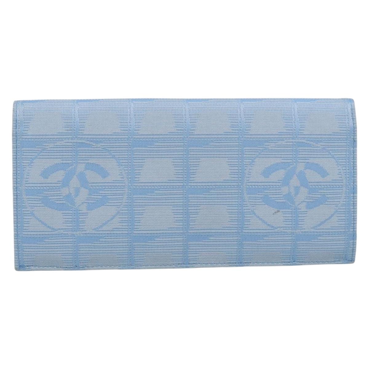 CHANEL New Travel line Long Wallet Nylon Light Blue Silver CC Auth SK325