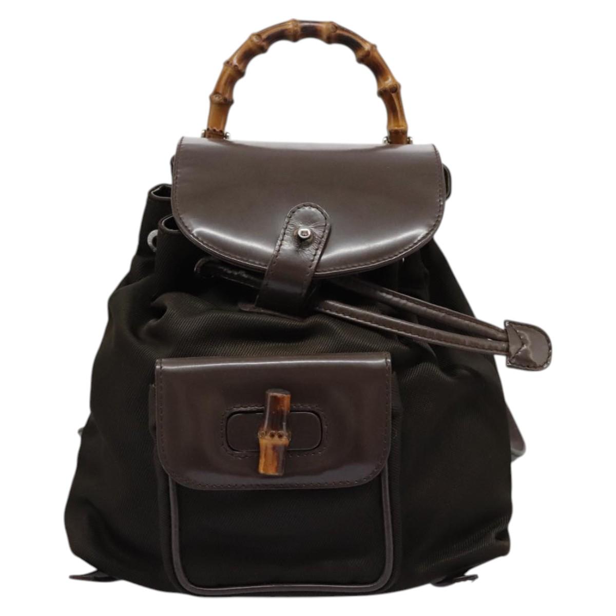 GUCCI Bamboo Backpack Nylon Brown Silver 003 1998 0030 Auth sw096