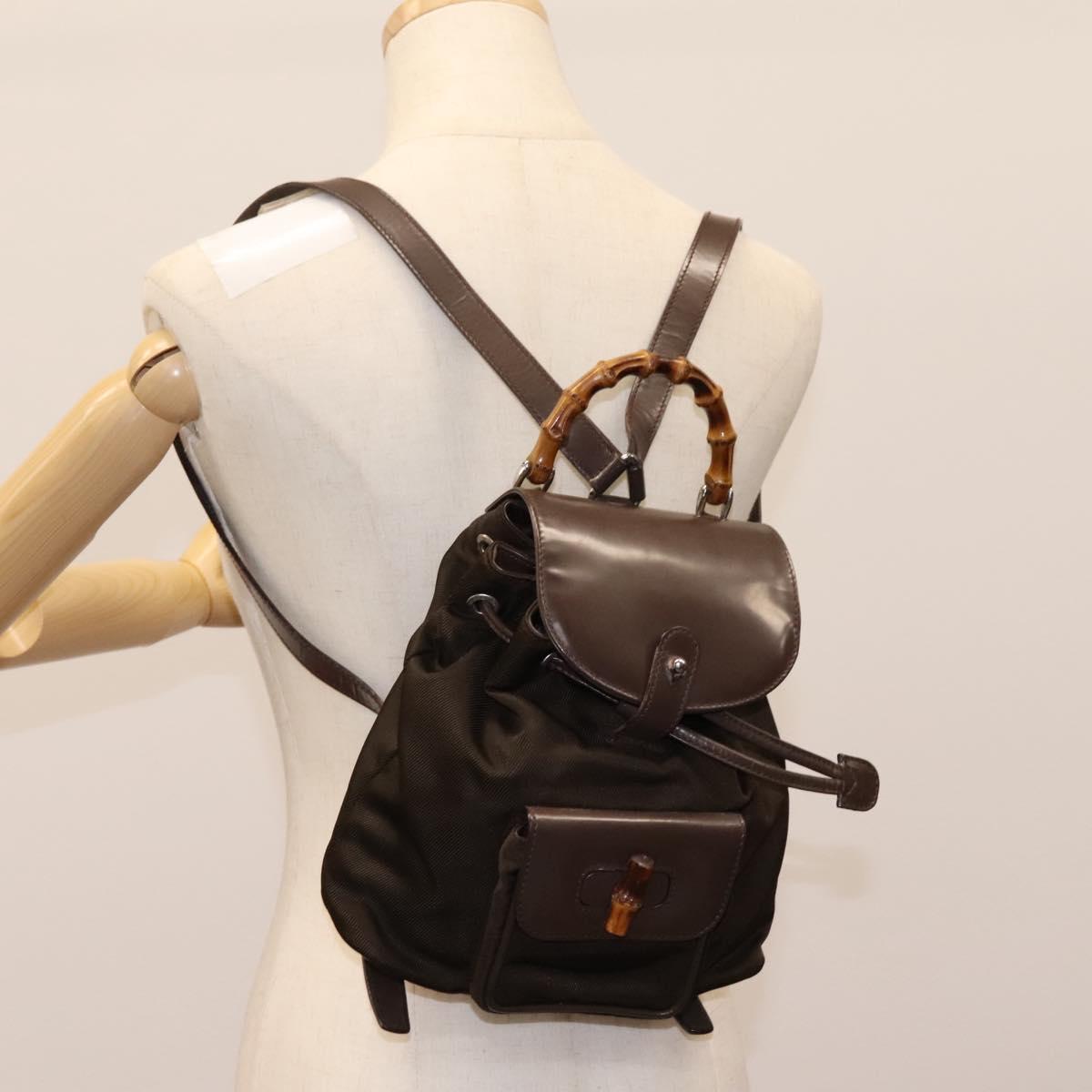 GUCCI Bamboo Backpack Nylon Brown Silver 003 1998 0030 Auth sw096