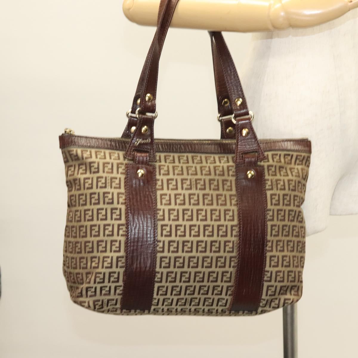 FENDI Zucchino Canvas Tote Bag Brown Gold Auth SW1006