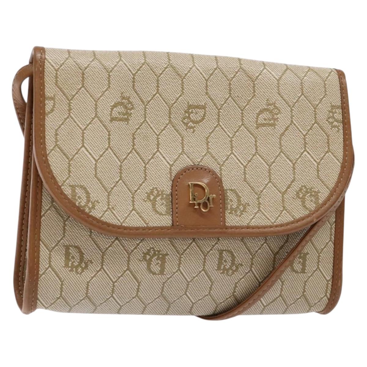 Christian Dior Honeycomb Canvas Shoulder Bag PVC Beige Gold Auth sw1104