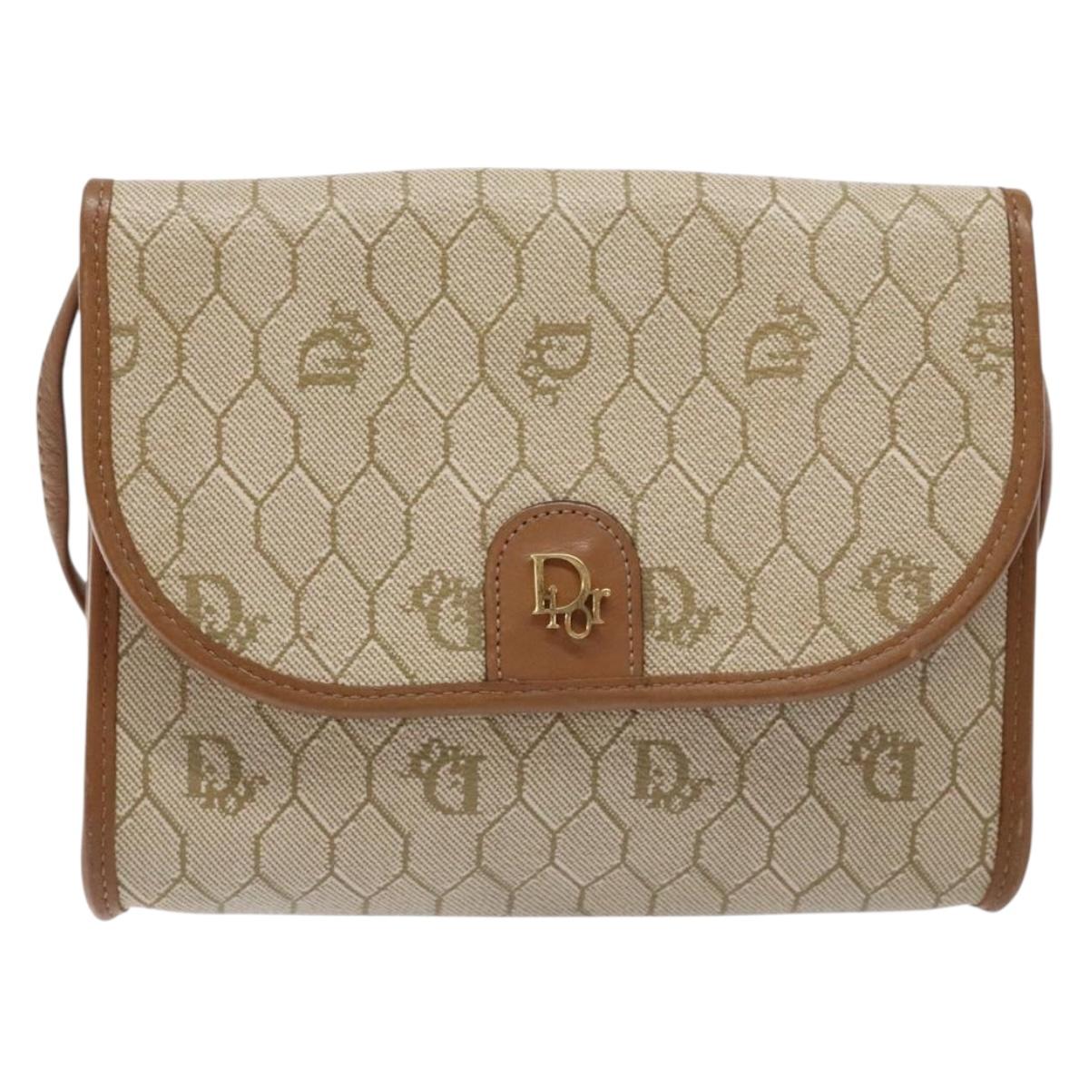 Christian Dior Honeycomb Canvas Shoulder Bag PVC Beige Gold Auth sw1104