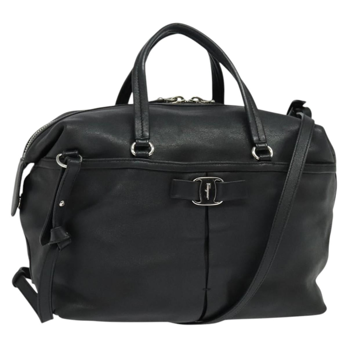Salvatore Ferragamo Hand Bag Leather Black Silver Auth sw1115