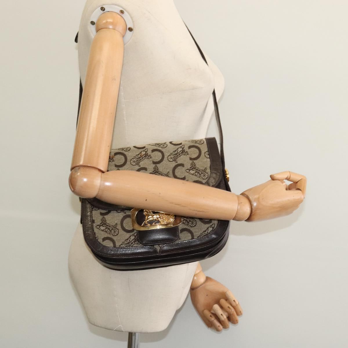 CELINE C Sulky Shoulder Bag Canvas Beige Gold Auth sw1120