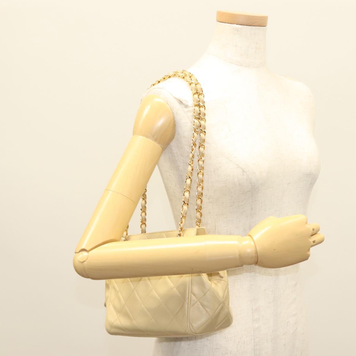 CHANEL Matelasse Chain Shoulder Bag Lamb Skin Beige Gold CC Auth sw1131