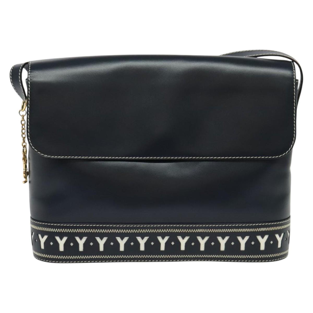 SAINT LAURENT Y Cut Shoulder Bag Leather Navy Gold Auth sw1140V