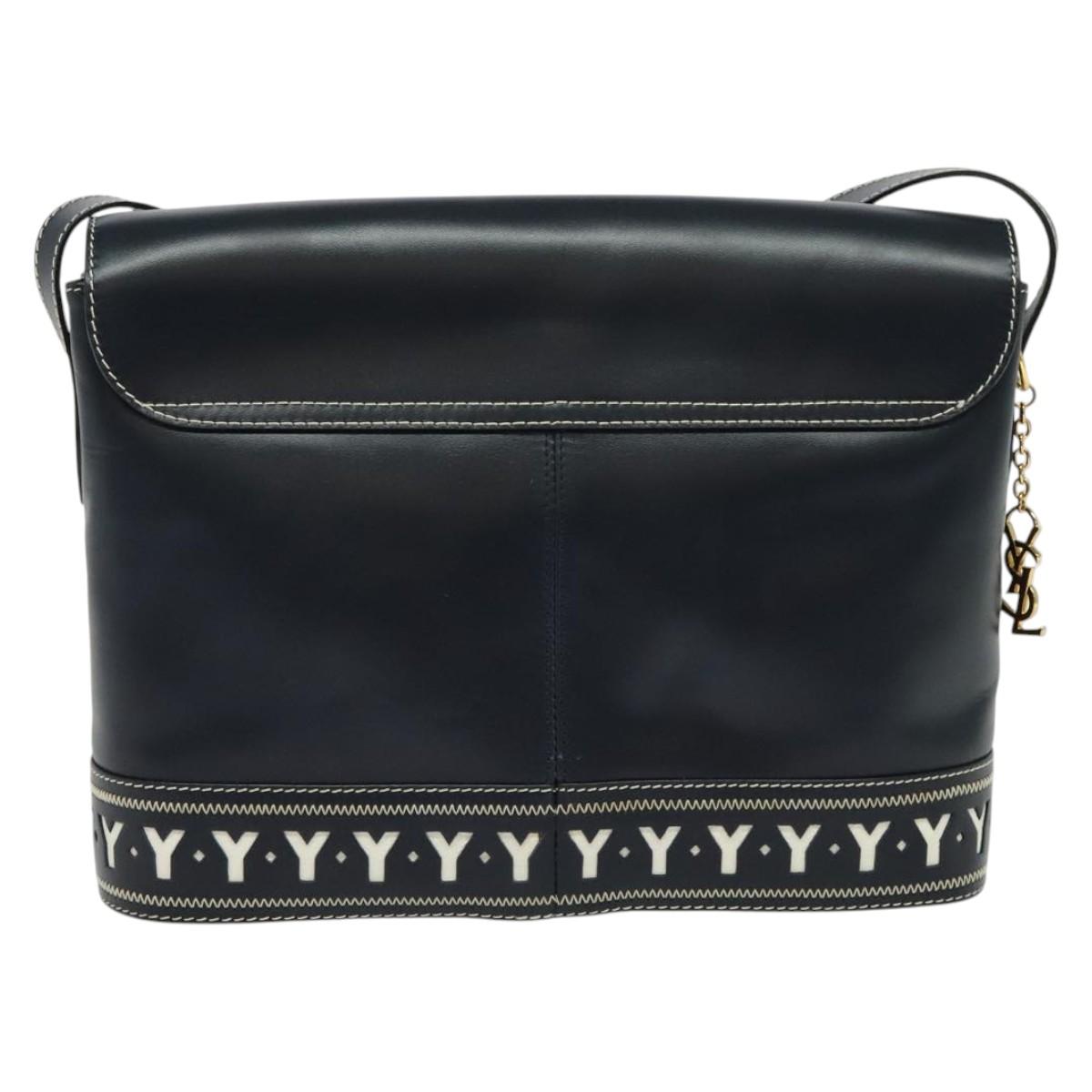 SAINT LAURENT Y Cut Shoulder Bag Leather Navy Gold Auth sw1140V