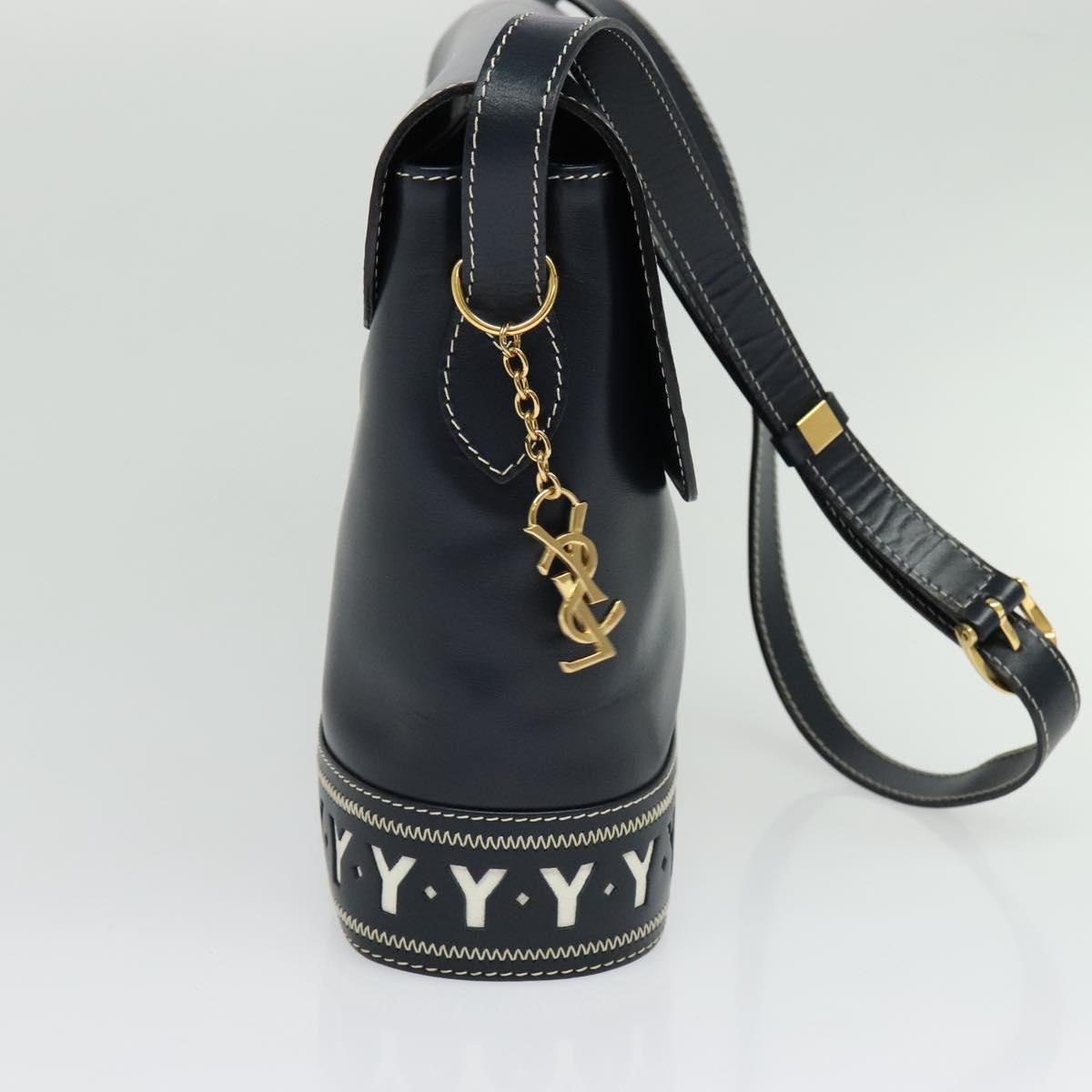 SAINT LAURENT Y Cut Shoulder Bag Leather Navy Gold Auth sw1140V