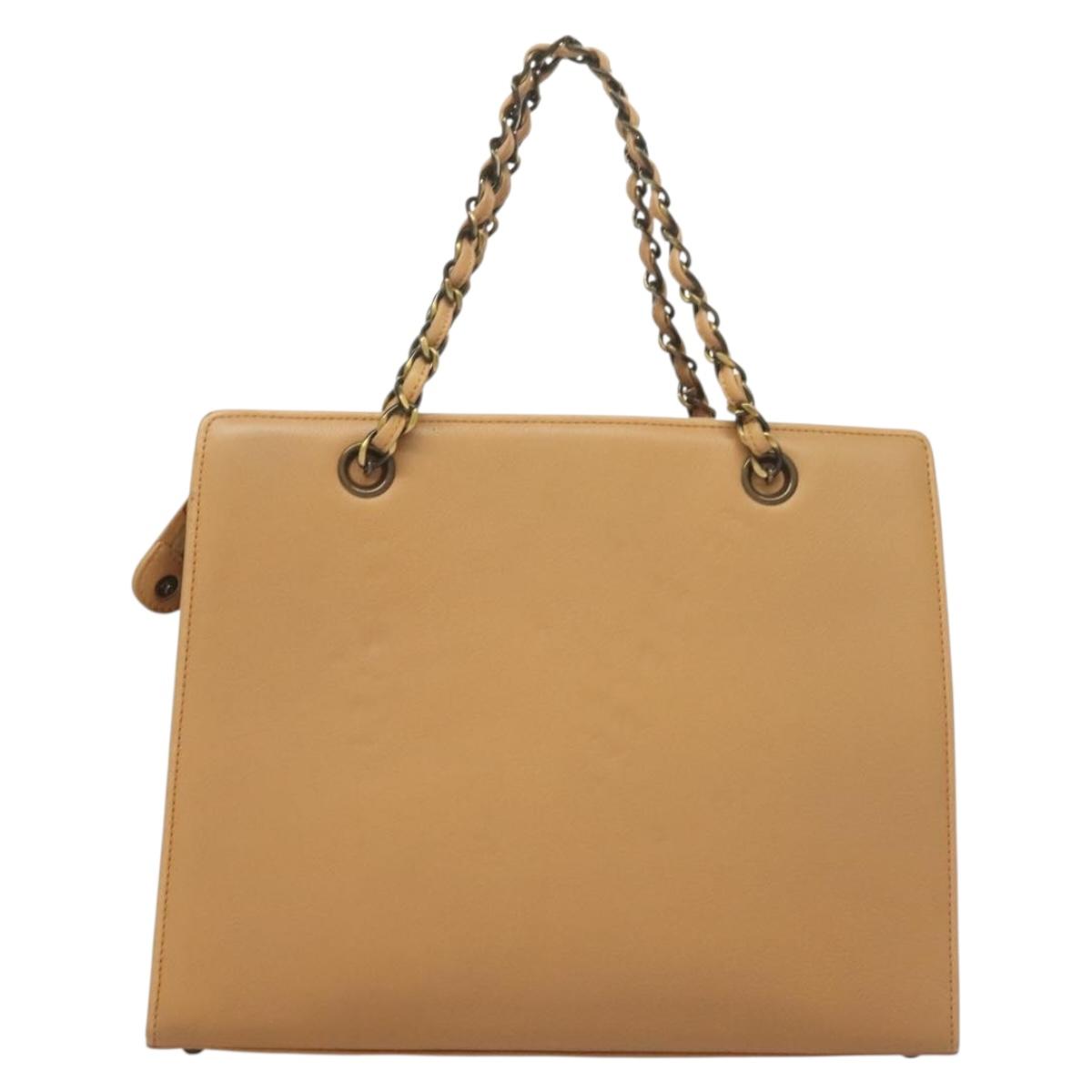 CHANEL Chain Tote Bag Leather Beige CC Auth sw1141